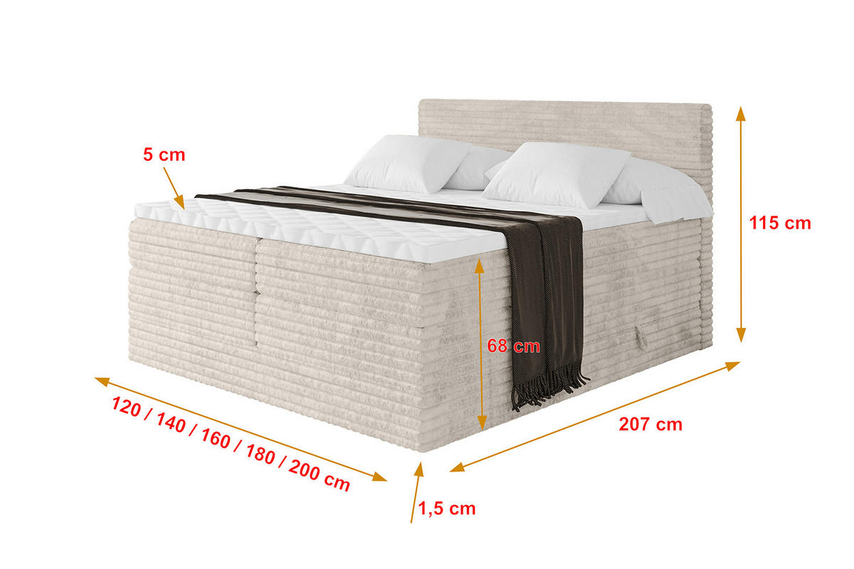 BOXSPRINGBETT mit Matratze H3|H4 und Lattenrost - TOLO KING-v1 180x200 Cord - Creme - Creme, Holzwerkstoff (180/200cm)
