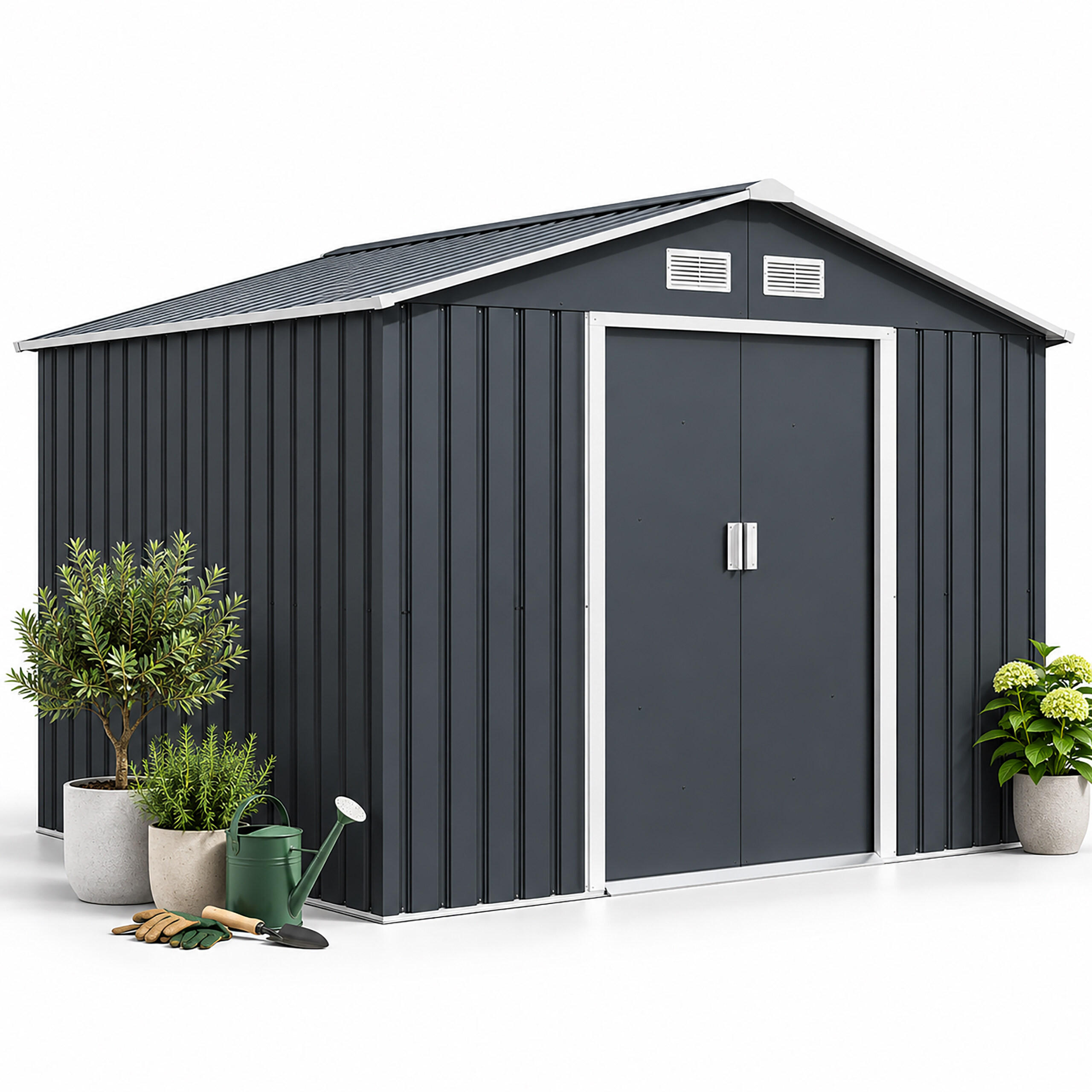 GERÄTEHAUS Grau Weiß Stahl verzinkt Schiebetüren 193 cm - Anthrazit, Metall (277/193/322cm) - Relaxdays