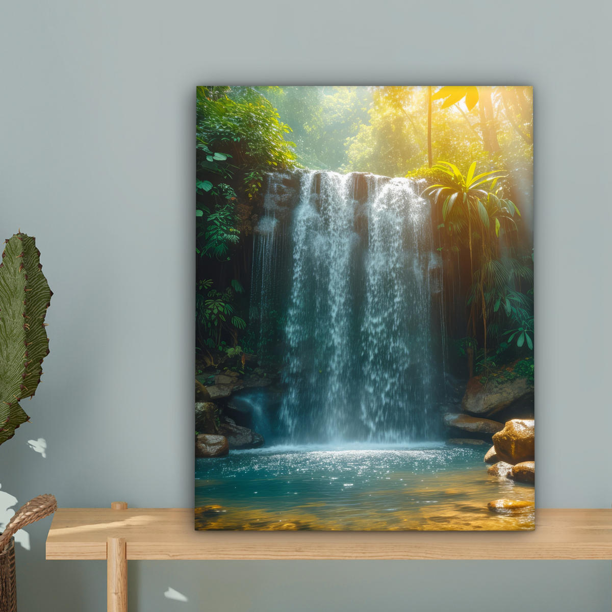 LEINWANDBILD Wasserfall - Dschungel - Sonne - Grün - Natur 30x40 cm - Grün, Textil (30/40cm) - MuchoWow