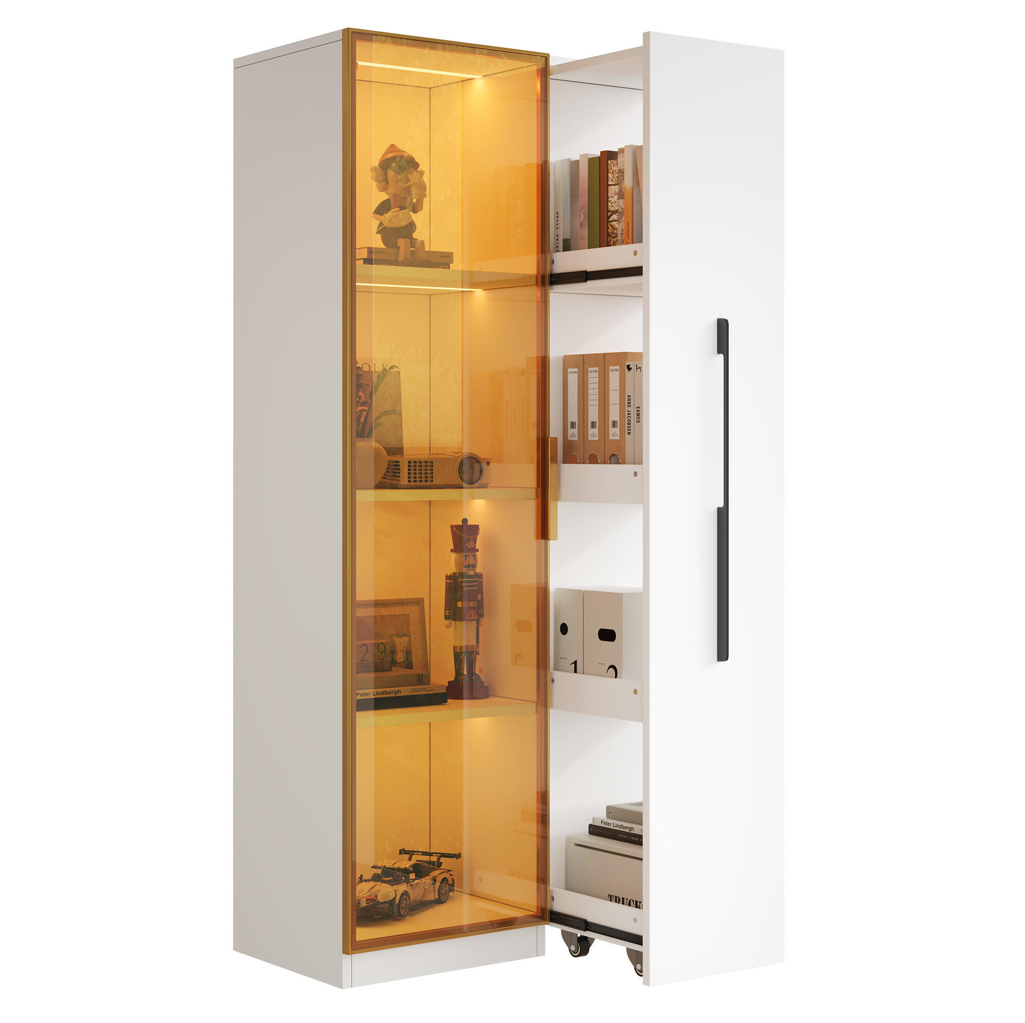 Modfu VITRÍNA z MDF 70x40x160 cm bílá s LED osvětlením a bočním úložným modulem