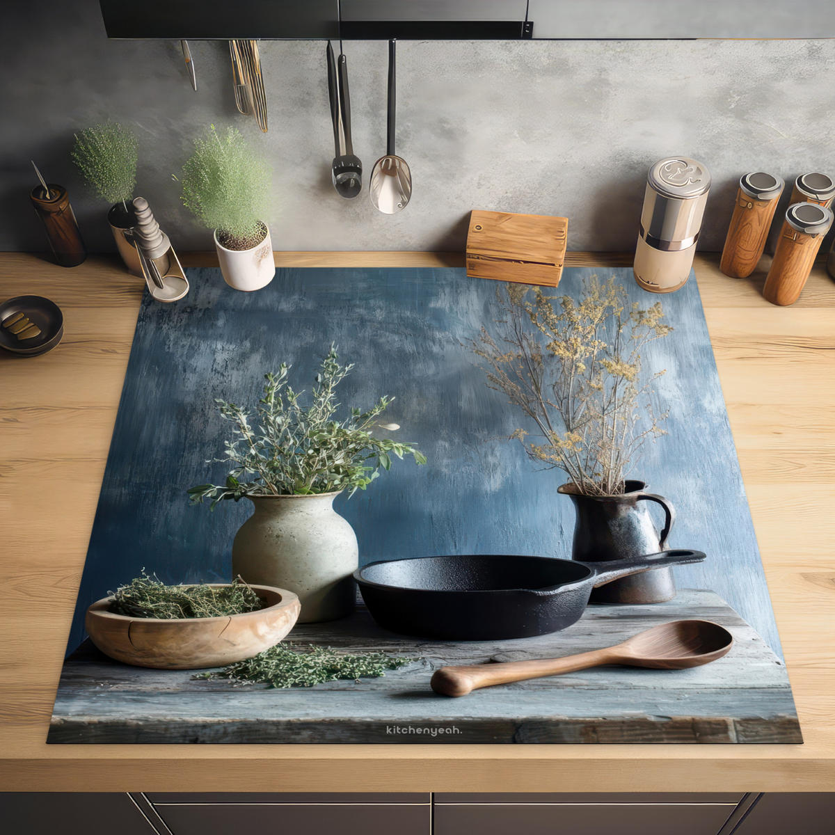HERDABDECKPLATTE Stilleben - Kräuter - Rustikal Induktionsmatte 78x78 cm - Blaugrau, Kunststoff (78/78/0.2cm) - MuchoWow