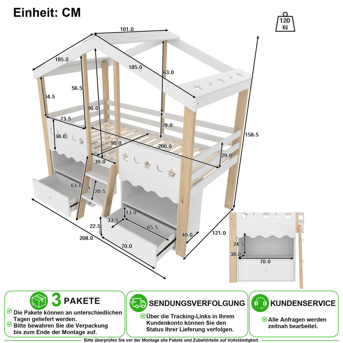 HOCHBETT 90/200 cm in Weiß & Natur mit 2 Schubladen, LED und Regal - Weiß/Naturfarben, Holz/Holzwerkstoff (90/200cm) - CHICFURN