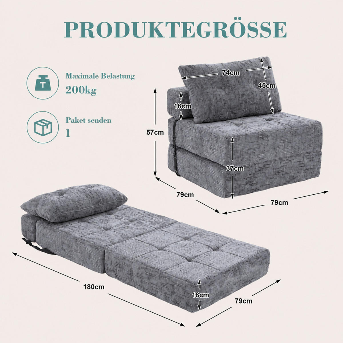 SCHLAFSESSEL Grau mit Kopf- und Lumbalkissen, Chenille - Grau, Textil/Metall (79/57/79cm) - CHICFURN