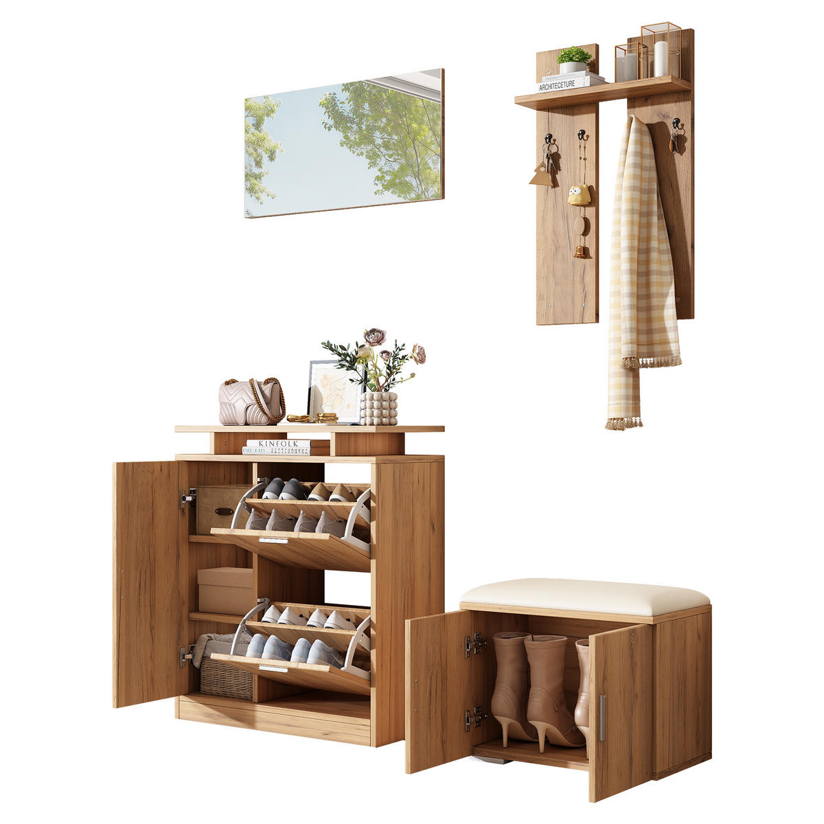 GARDEROBEN-SET 140 cm Natur – Flurmöbel mit Spiegel, Schuhbank & 5 Türen Modern - Naturfarben, Holzwerkstoff (140/133/35cm) - Urban Meuble