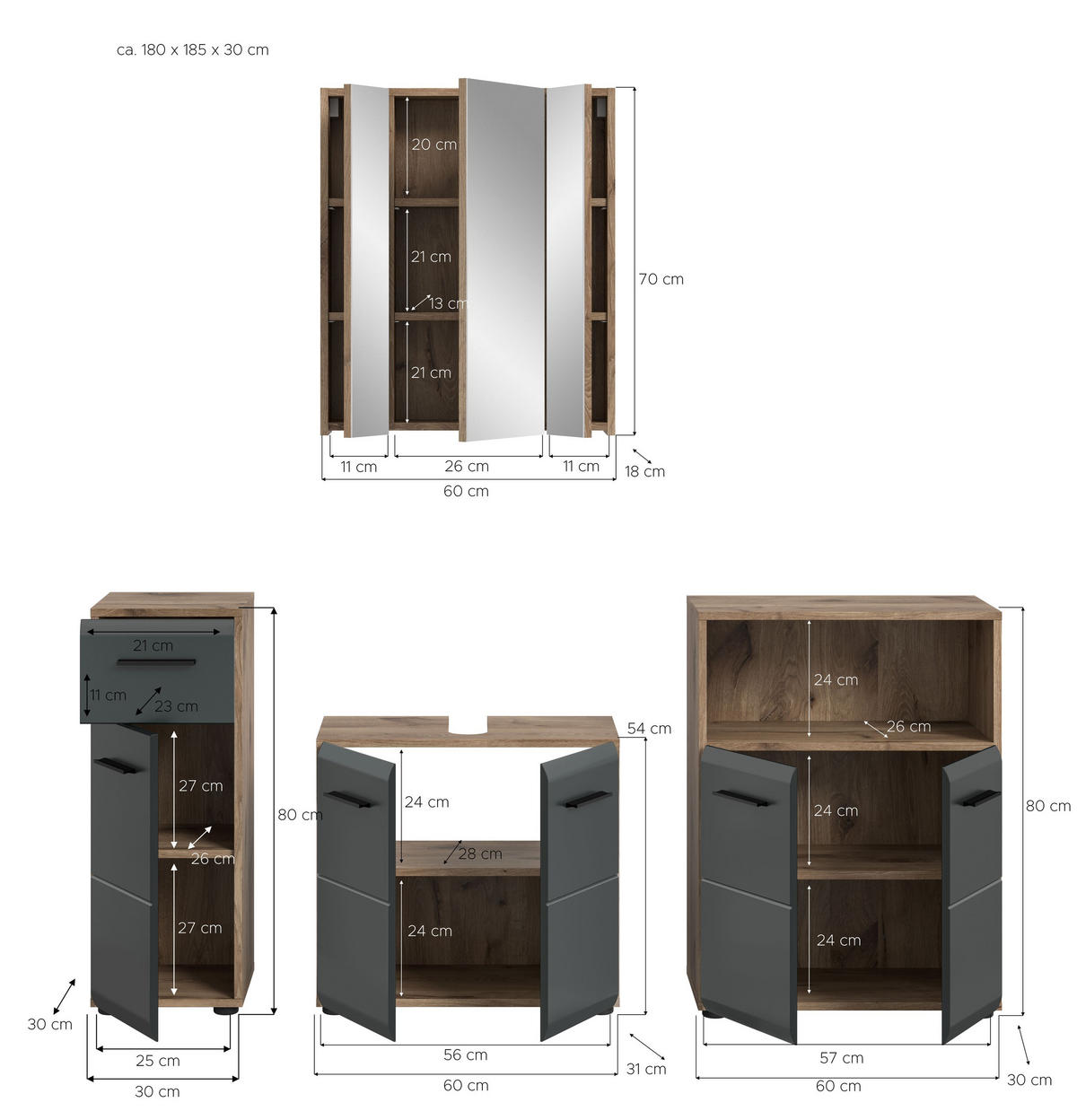 BADEZIMMER Alba 4-tlg. (B/H/T: ca. 180/185/30 cm) in Nox Oak /schwarz matt - Eichefarben, Holz (180/185/30cm)