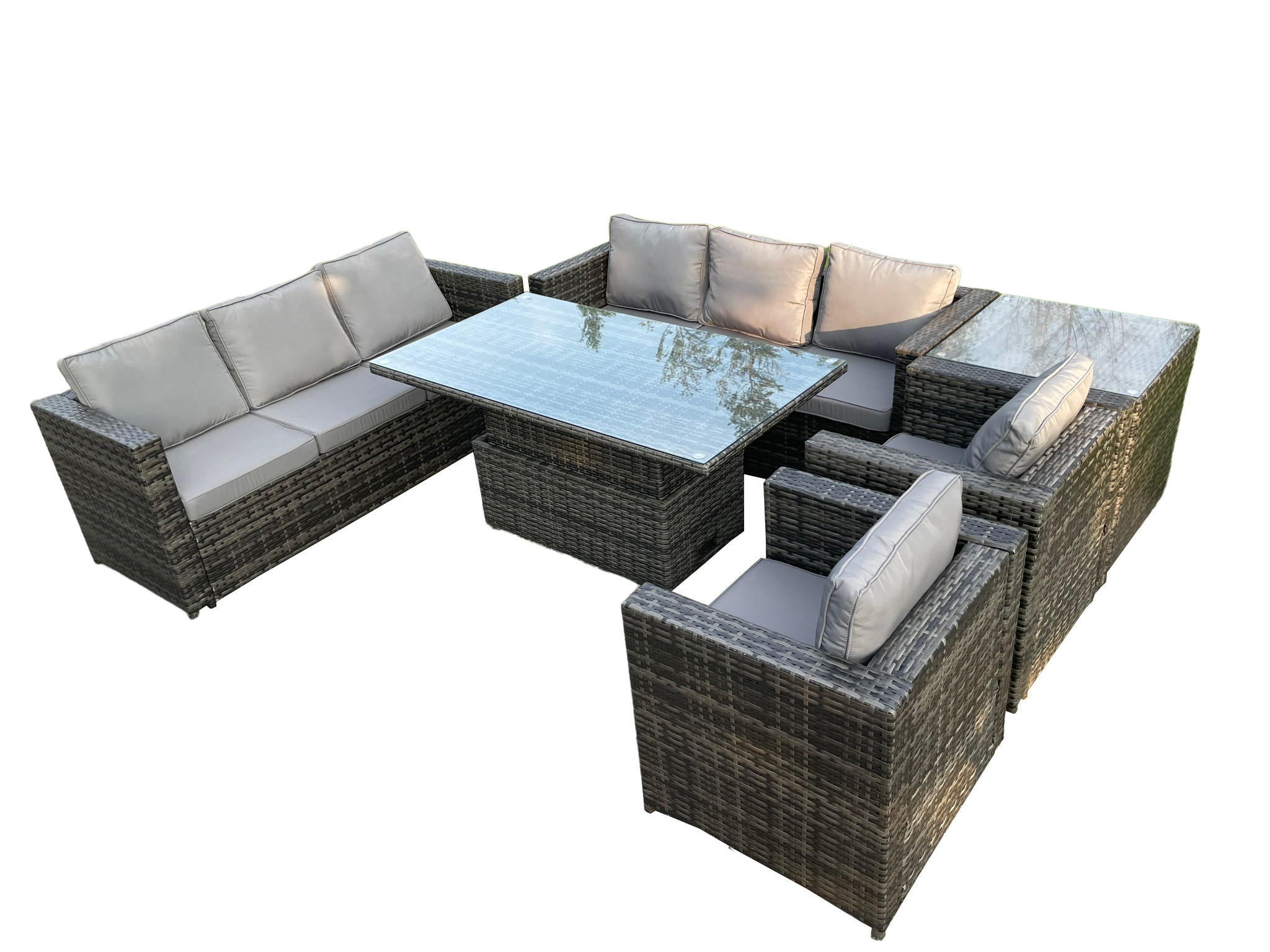 GARTENSOFA Hohe Rückenlehne Polyrattan 8-Sitzer - Dunkelgrau/Grau, Glas/Kunststoff - Fimous