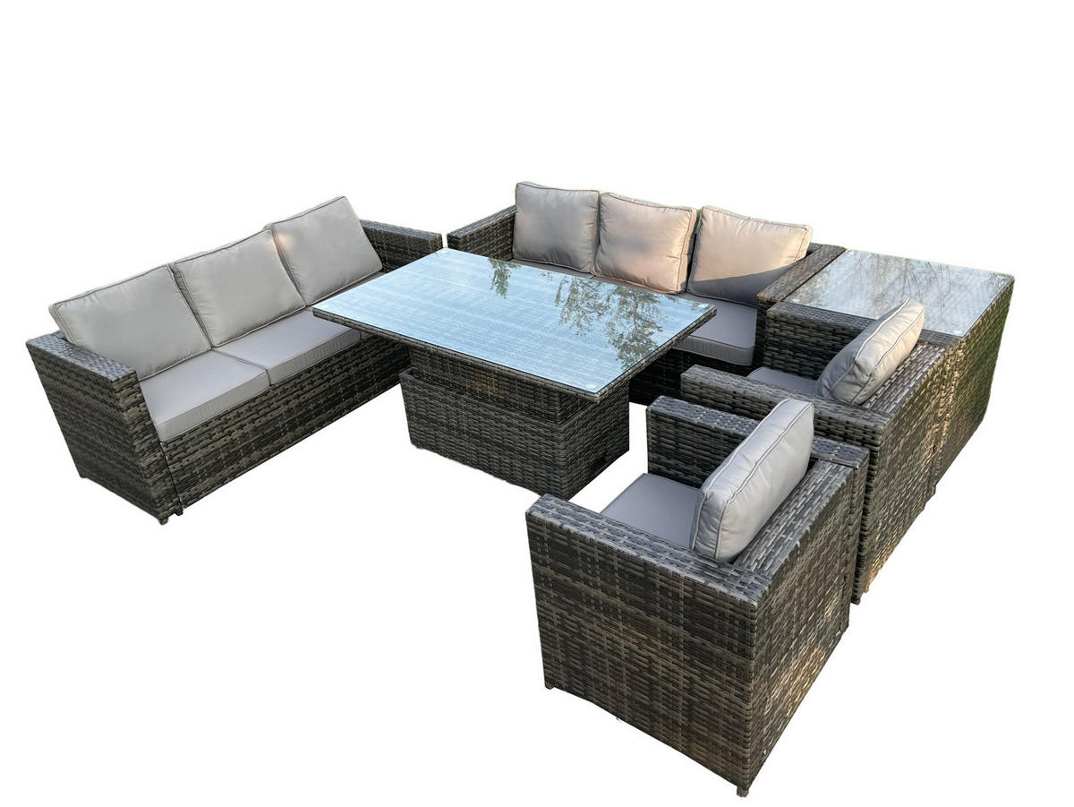 GARTENSOFA Hohe Rückenlehne Polyrattan 8-Sitzer - Dunkelgrau/Grau, Glas/Kunststoff - Fimous