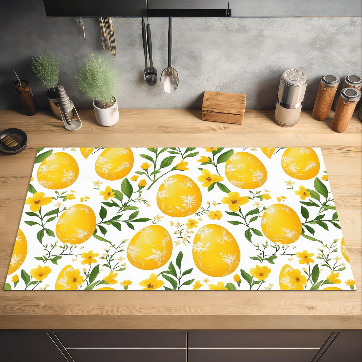 HERDABDECKPLATTE Blumen - Ostereier - Gelb Induktionsschutz 91.6x52.7 cm - Gelb, Kunststoff (91.6/52.7/0.2cm) - MuchoWow