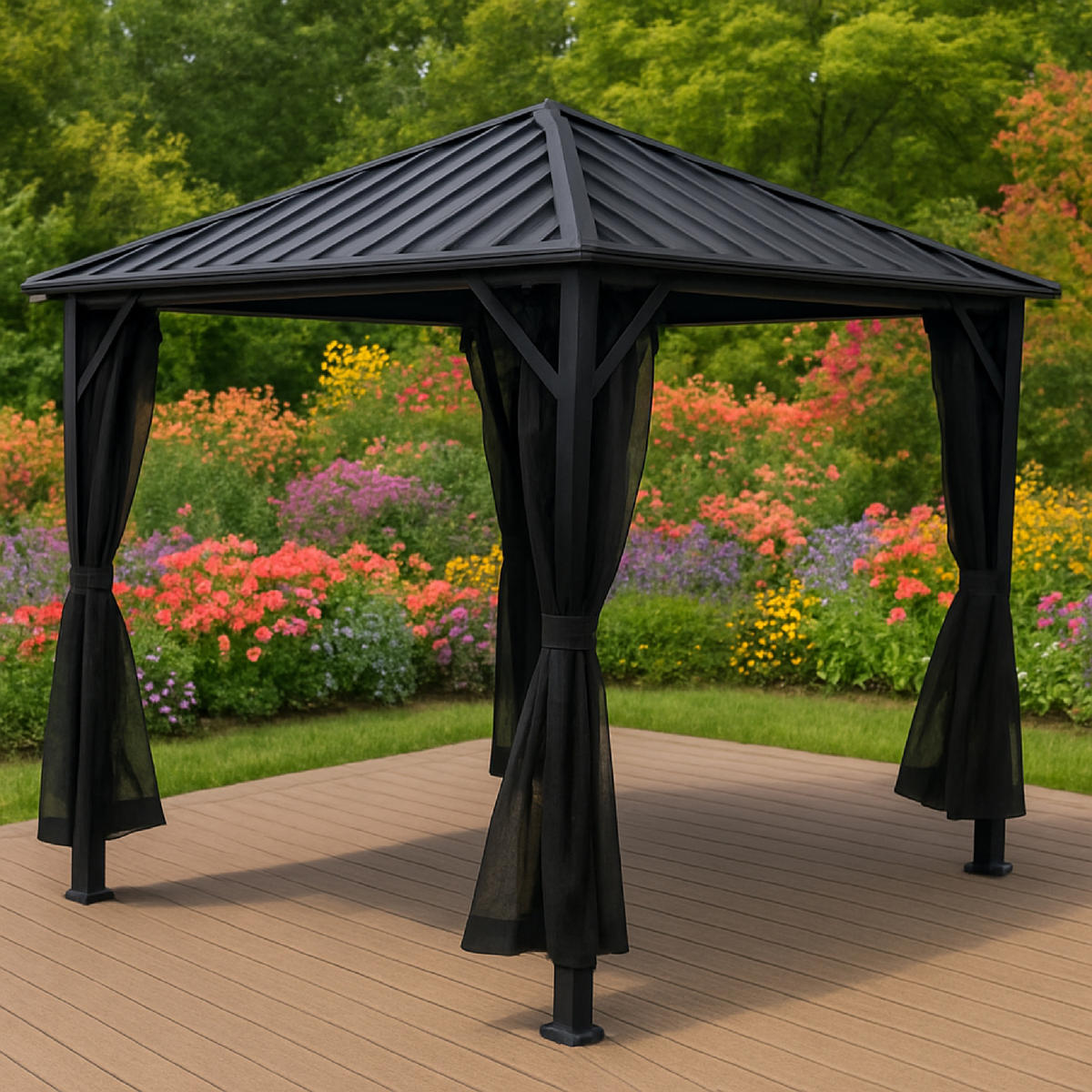 PAVILLON Paisley - 3x3 Meter, Aluminiumgestell 98x98x10mm, pulverbeschichtet. Dach aus Stahlplatten, galvanisier - Grau, Kunststoff (300/275/300cm) - TPFGarden