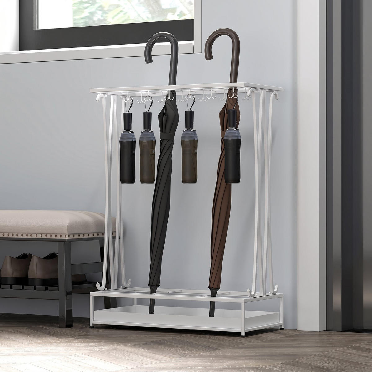 SCHIRMHALTER Stahl Weiß - Weiß, Metall (24/68/50cm) - HOMCOM