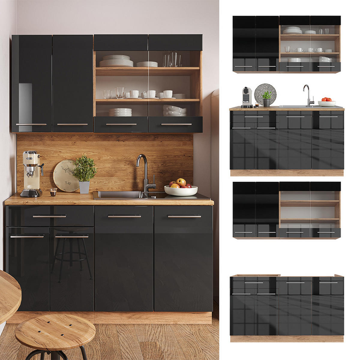 SINGLEKÜCHE Fame-Line Anthrazit Hochglanz/Goldkraft Eiche 140 cm AP Marmor - Anthrazit/Eiche Wotan, Holzwerkstoff (140/81.6/60cm) - Vicco