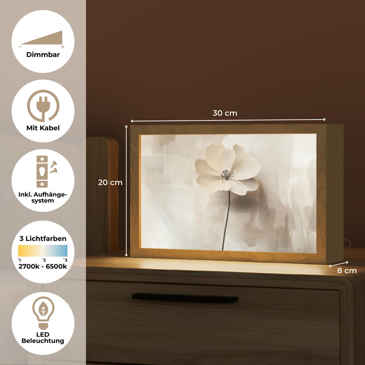 TISCHLEUCHTE Blume - Beige - Farbe - Schatten 30x20 cm - Alteiche, Holzwerkstoff (8/30/20cm) - OnlyWow