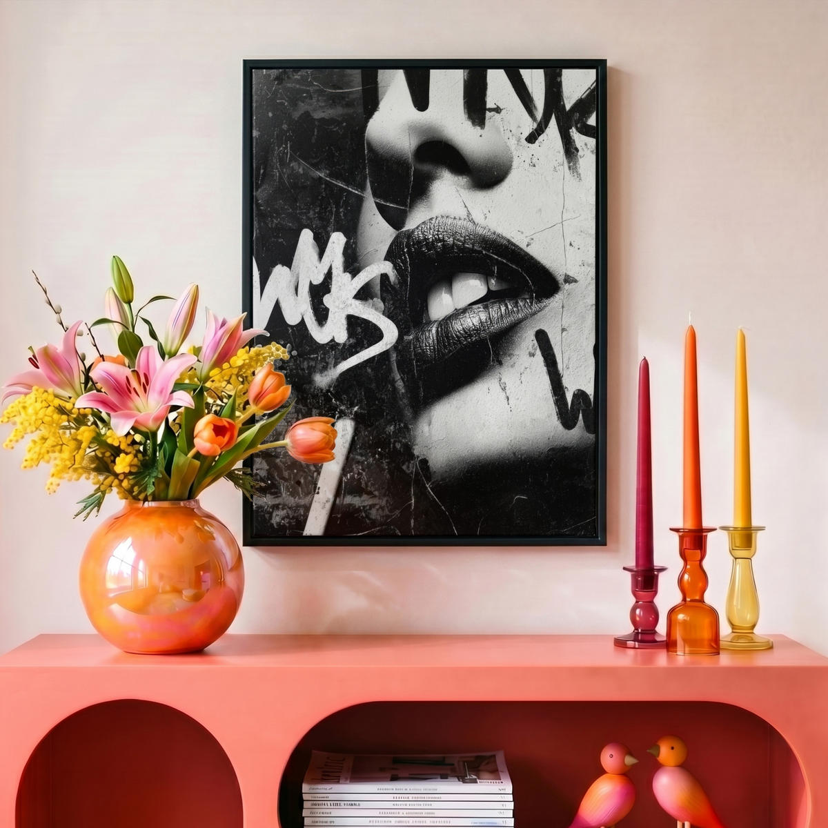 LEINWAND Bilder mit Rahmen - Gesicht - Mund - Graffiti - Schwarz - 30x40 - Schwarz, Textil (30/40cm) - MuchoWow