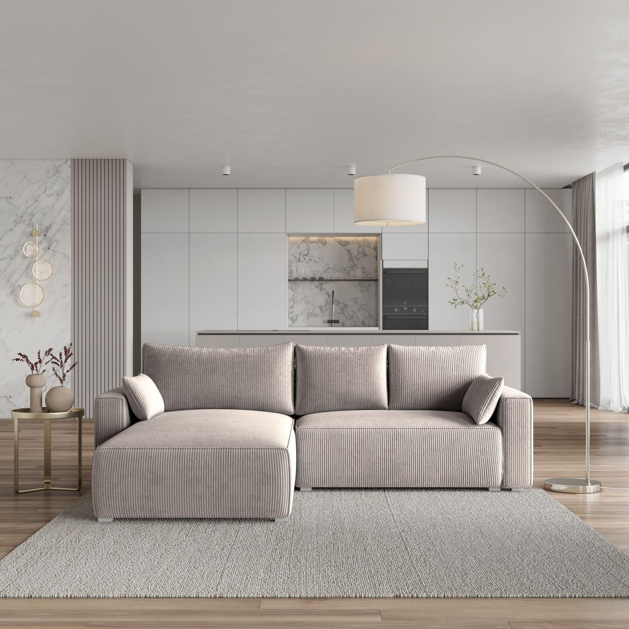 ECKSOFA FORIL P Beige Kordstoff mit Schlaffunktion - Beige, Holz (265/178cm) - MASSENO