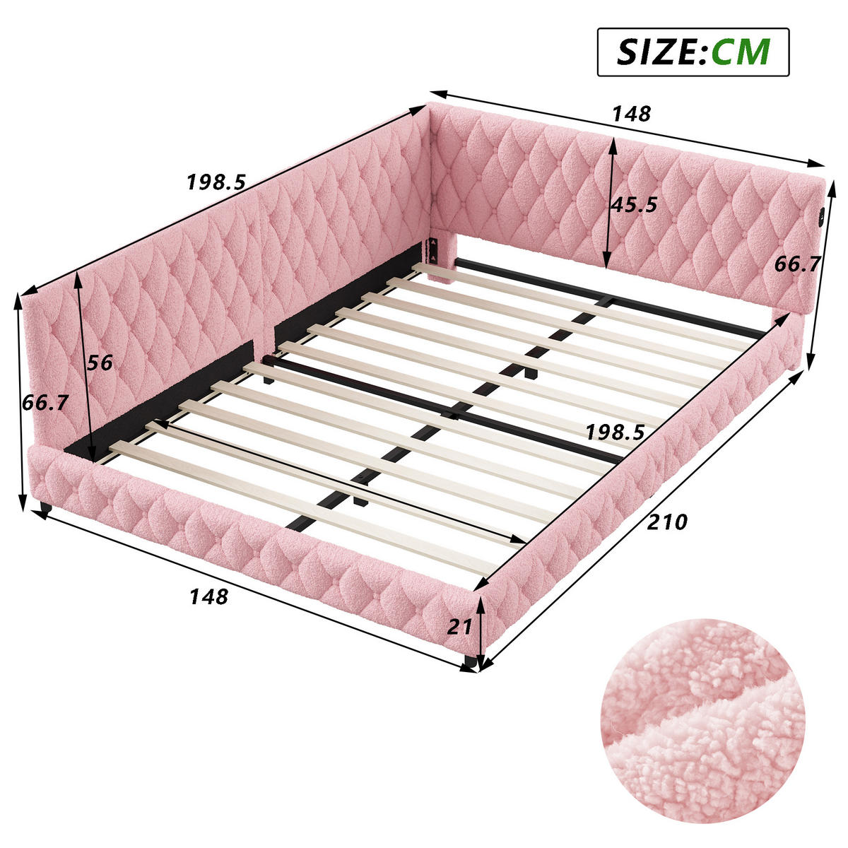 POLSTERBETT Modern 140/200 cm mit L-Eckpolsterung & LED Teddy-Plüsch Pink - Pink, Textil (140/200cm) - Creahappy