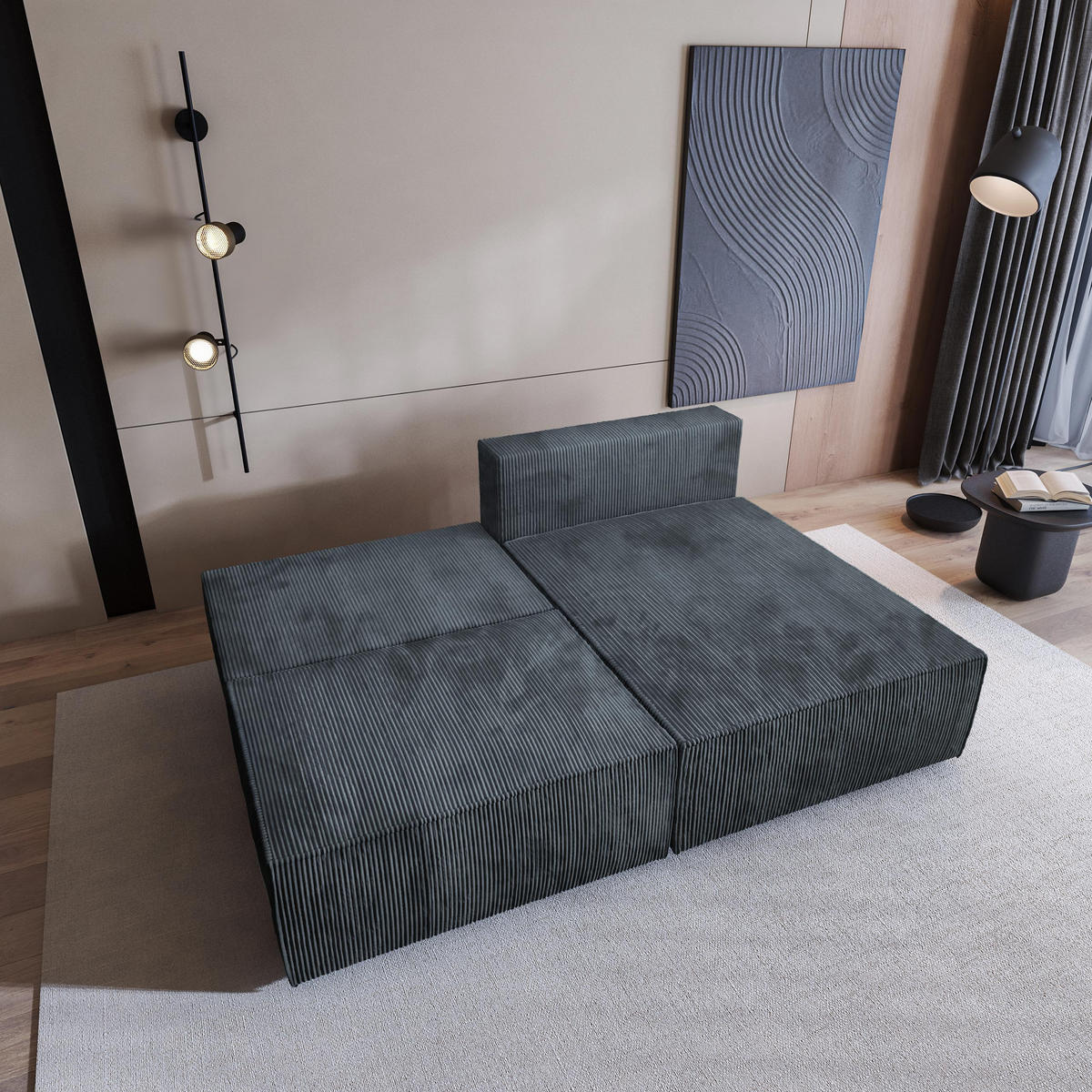 ECKSOFA FIORO P Graphitfarben Kordstoff mit Schlaffunktion - Graphitfarben/Grau, Holz/Kunststoff (204/148cm) - MASSENO