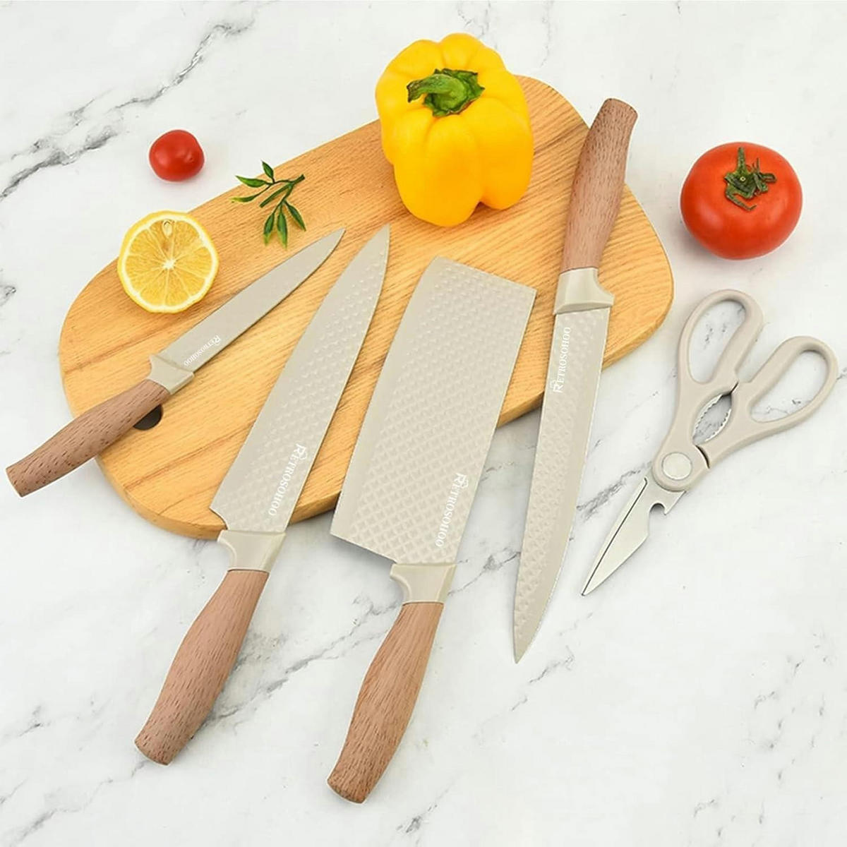 MESSER Set 6-teiliges Khaki Edelstahl mit Messerblock - Creme, Metall