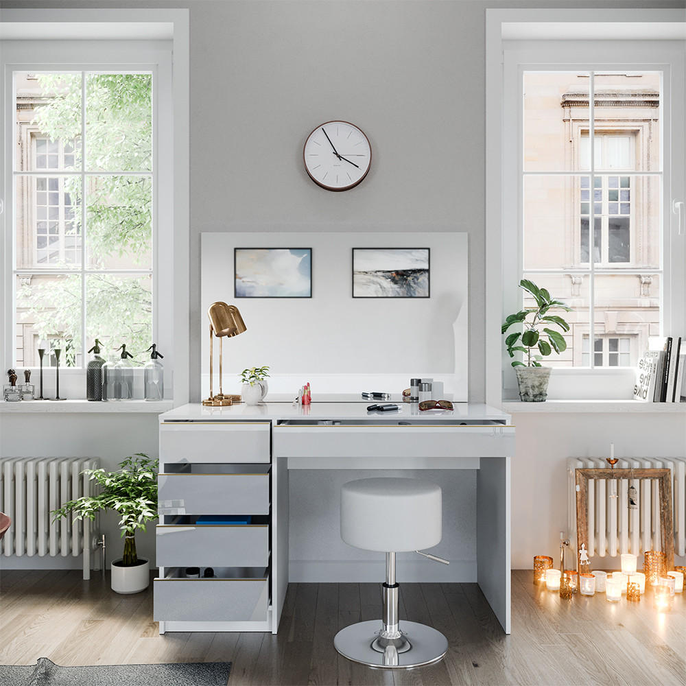 SCHMINKTISCH-SET Sherry Weiß/Gold 120 cm mit Hocker - Goldfarben/Weiß, Holzwerkstoff (120/75/55cm) - Vicco