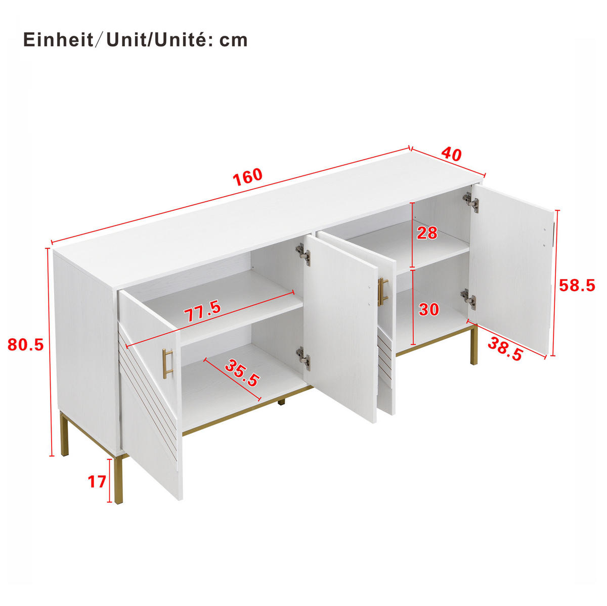 SIDEBOARD aus MDF 160x40x80,5 cm Weiß mit Holzmaserung, 4 Türen und verstellbaren Einlegeböden - Weiß, Holzwerkstoff (160/80.5/40cm) - IVMEU