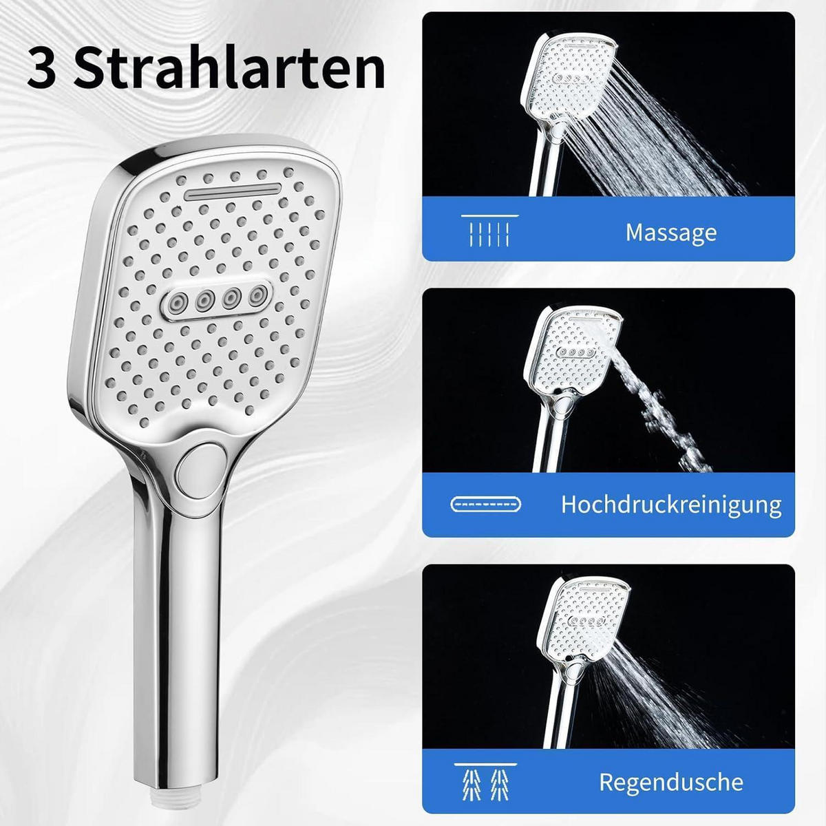 DUSCHKOPF rechteckig 26 x 10 cm mit 3 Strahlarten - Silberfarben, Metall (10/2/26cm)