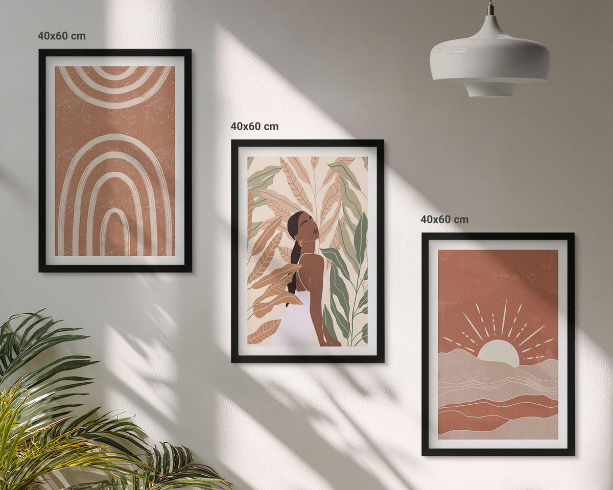 BILDER SET 3er Set - 40x60 cm Schwarzer Rahmen - abstrakte Formen im Boho-Stil - Schwarz, Kunststoff (40/60cm) - TULUP