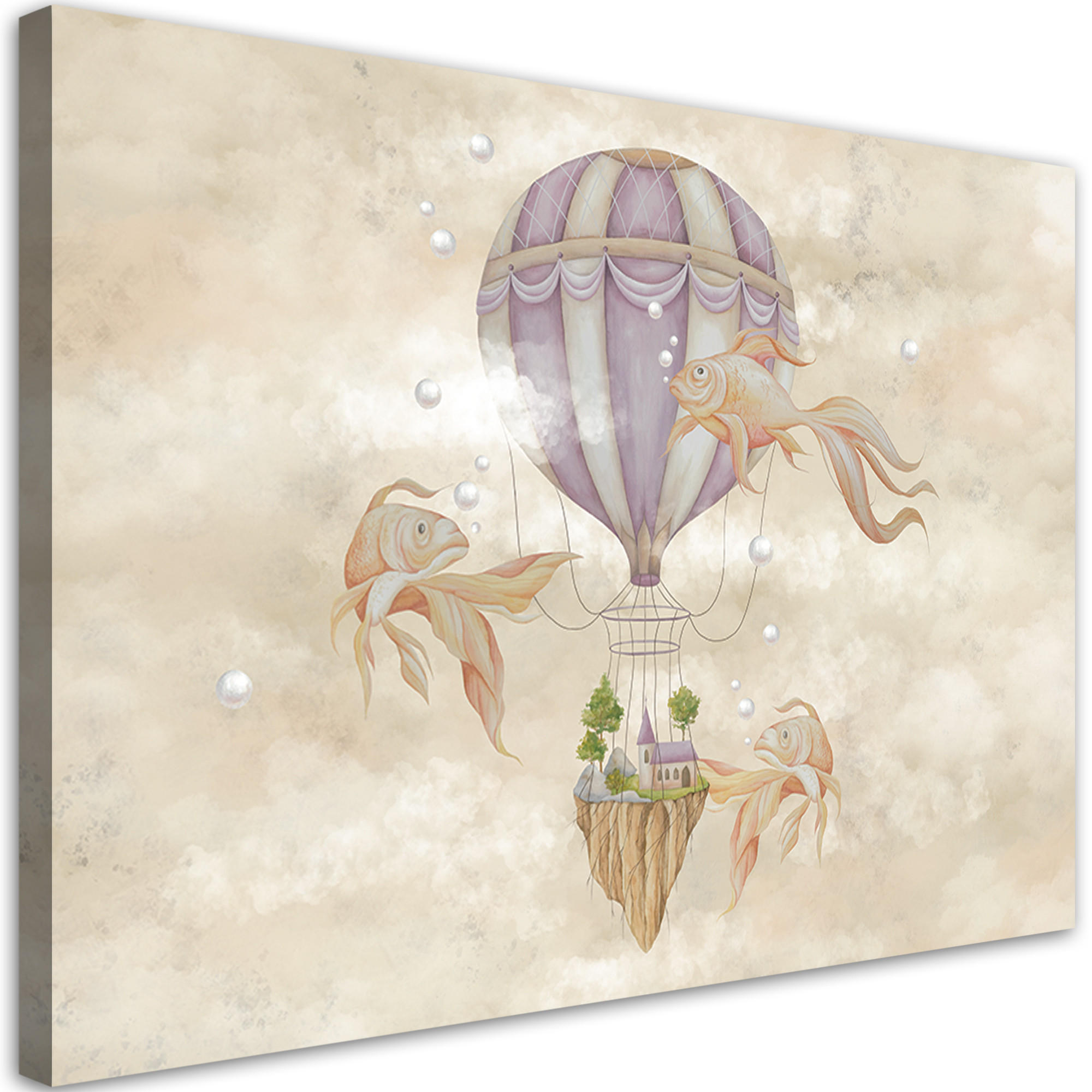 WANDBILD heißluftballon fliegendes haus und fisch - Beige, Textil (60/40cm) - Feeby
