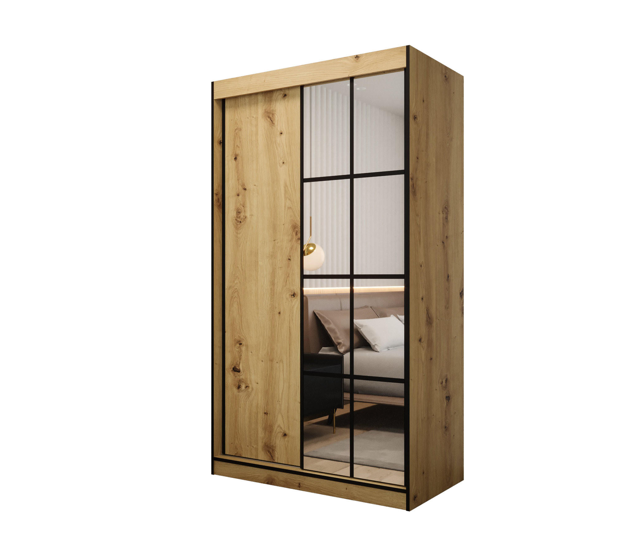 SCHIEBETÜRENSCHRANK MODENA 2 120, 2-türig Kleiderschrank mit 1 Spiegel, Moderne Garderobe, Schrank in Größe: 120 x 216 x 65 cm - Schwarz/Braun, Holzwerkstoff (120/216/65cm) - O-Sofa