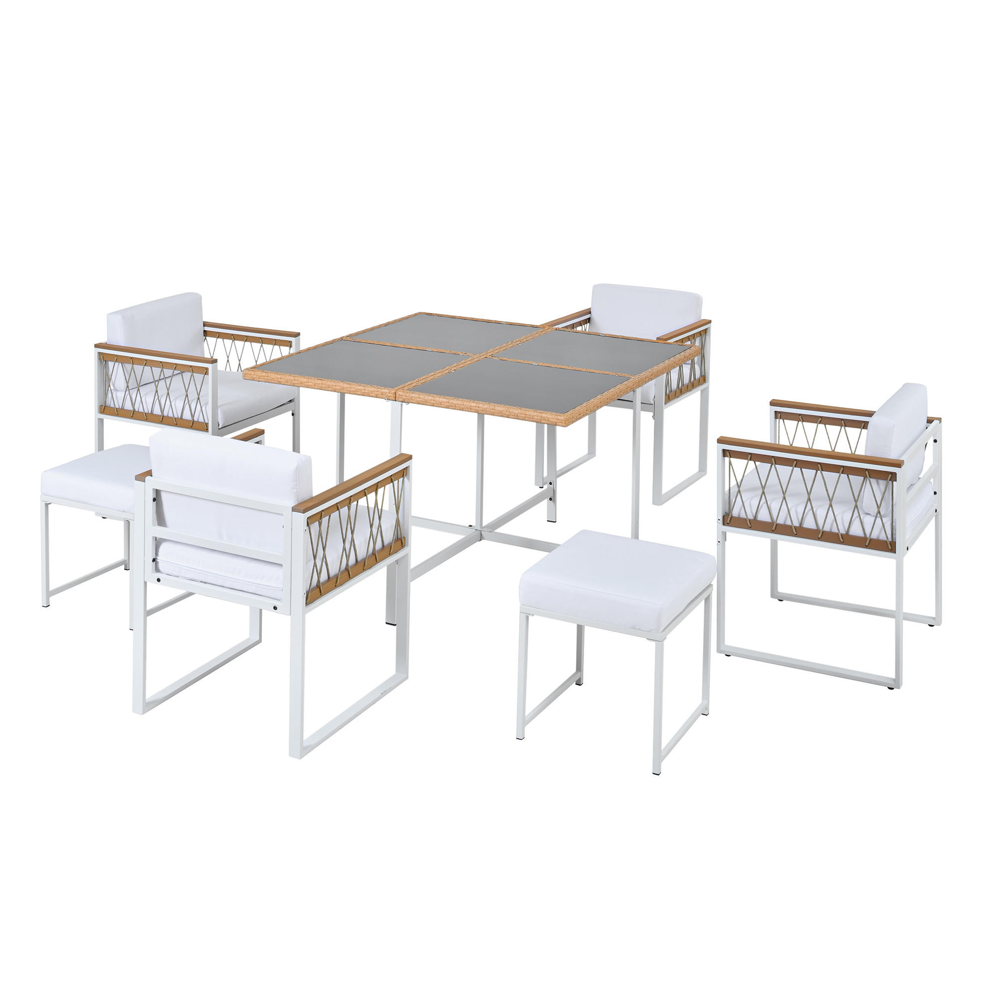 Modfu ZAHRADNÍ jídelní set z kovu, ratanu a látky 117x117x73 cm bílá a přírodní s odolným skleněným stolem a polštáři