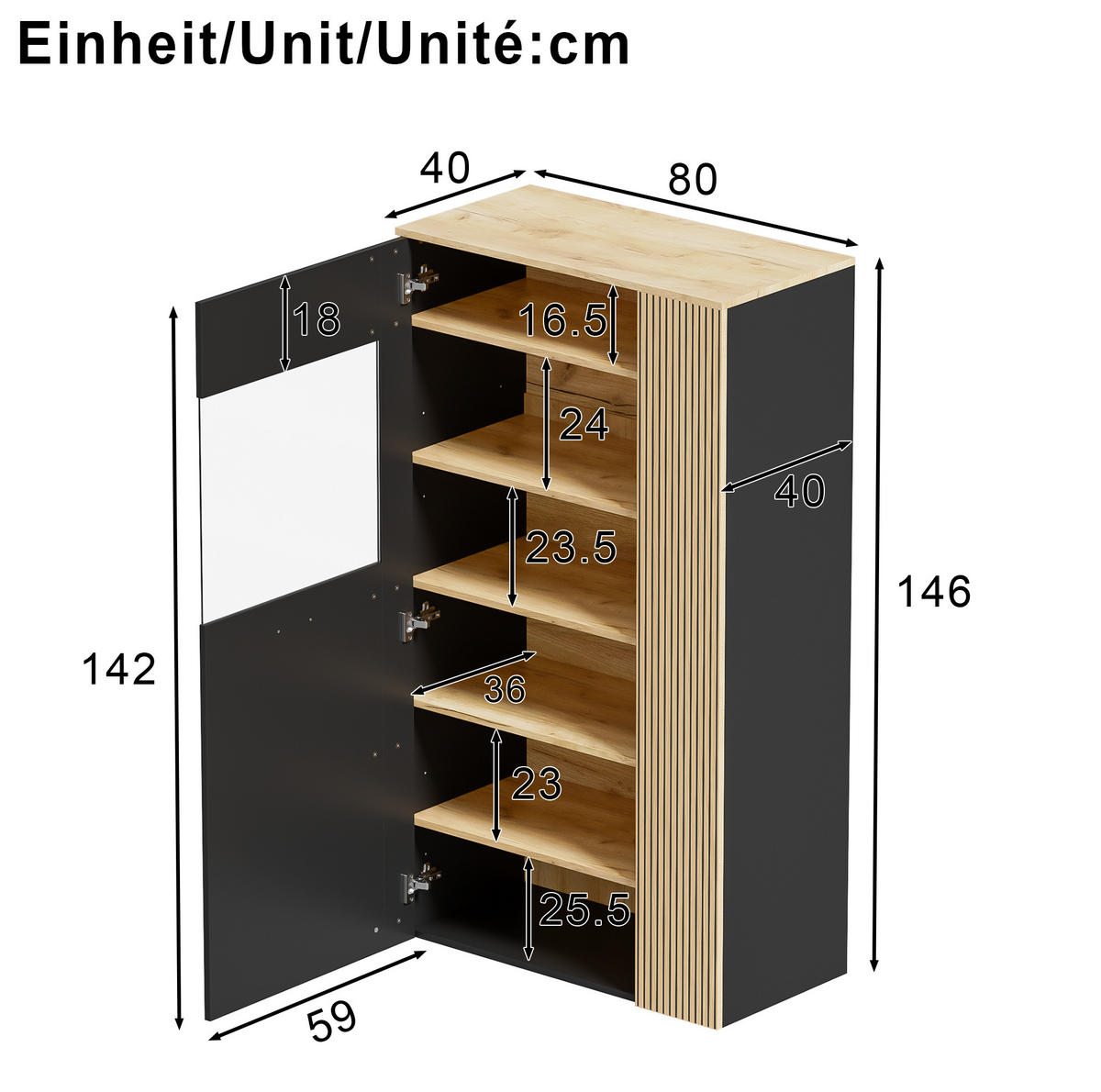 SCHUHSCHRANK 80/40/146 cm in Schwarz/Natur mit LED-Beleuchtung und Glastür - Schwarz, Holzwerkstoff (80/146/40cm) - Flora Grace