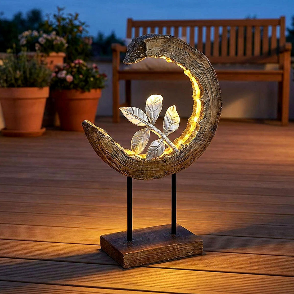 LED AUSSENLEUCHTE Holzoptik Braun Mondsichel Design - Braun, Metall (24/10/52cm) - Globo Lighting