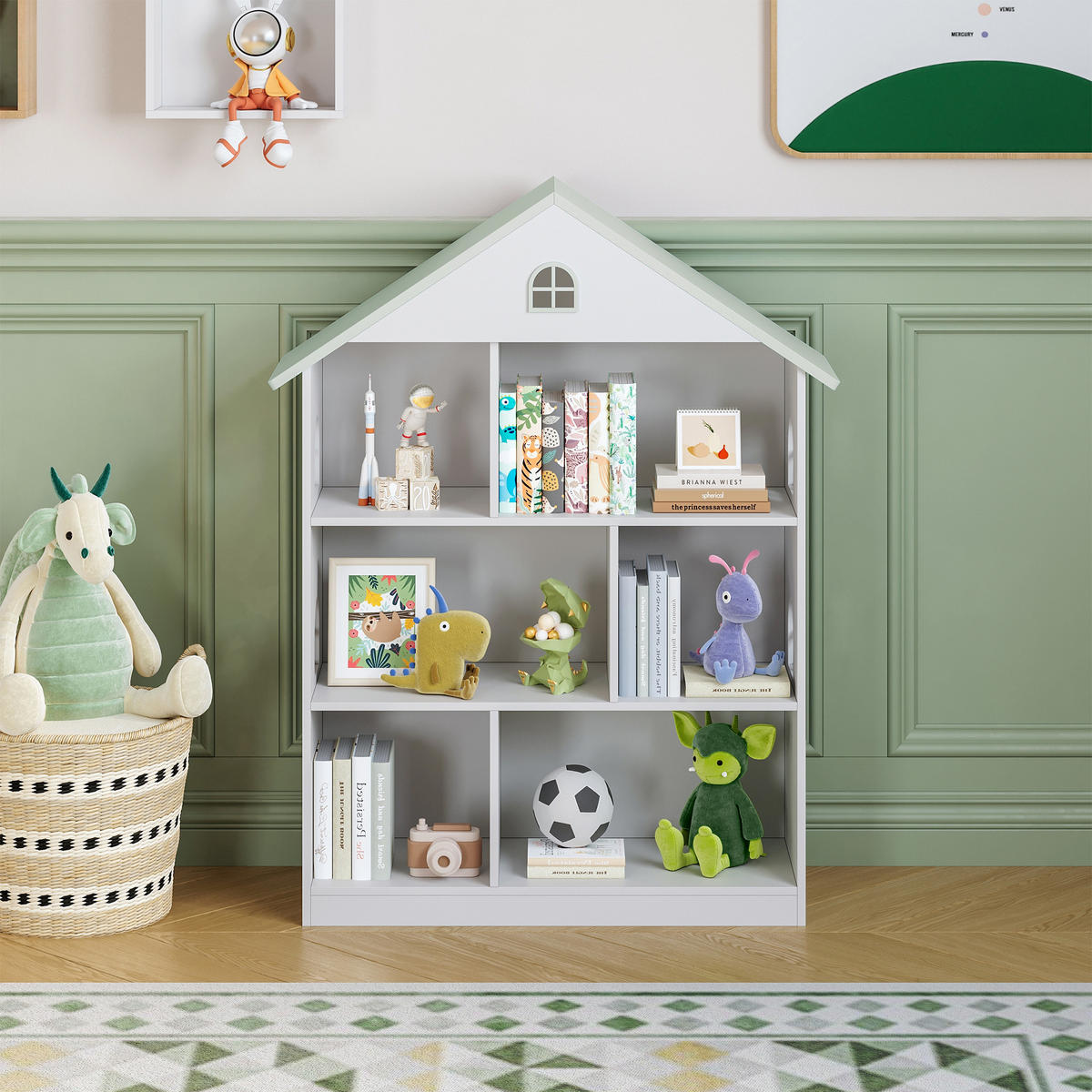 DĚTSKÁ POLICE Vipsali - bílá/mátově zelená, kompozitní dřevo (83/106.5/30cm) - [en.casa]