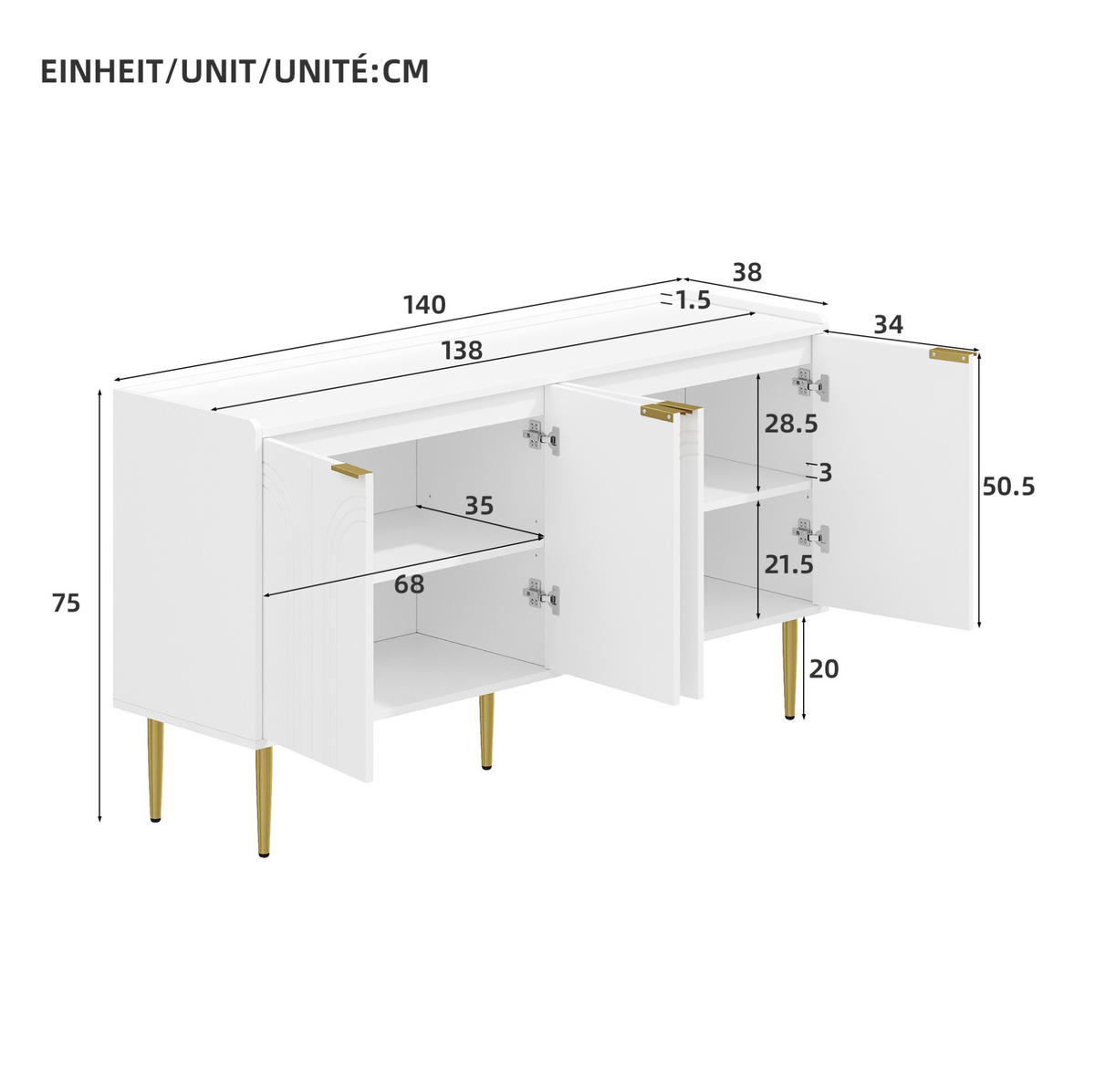 KOMMODE 140/38/75 cm aus MDF mit 4 Türen und verstellbaren Einlegeböden Weiß - Weiß, Holzwerkstoff (140/75/38cm) - Modenvie