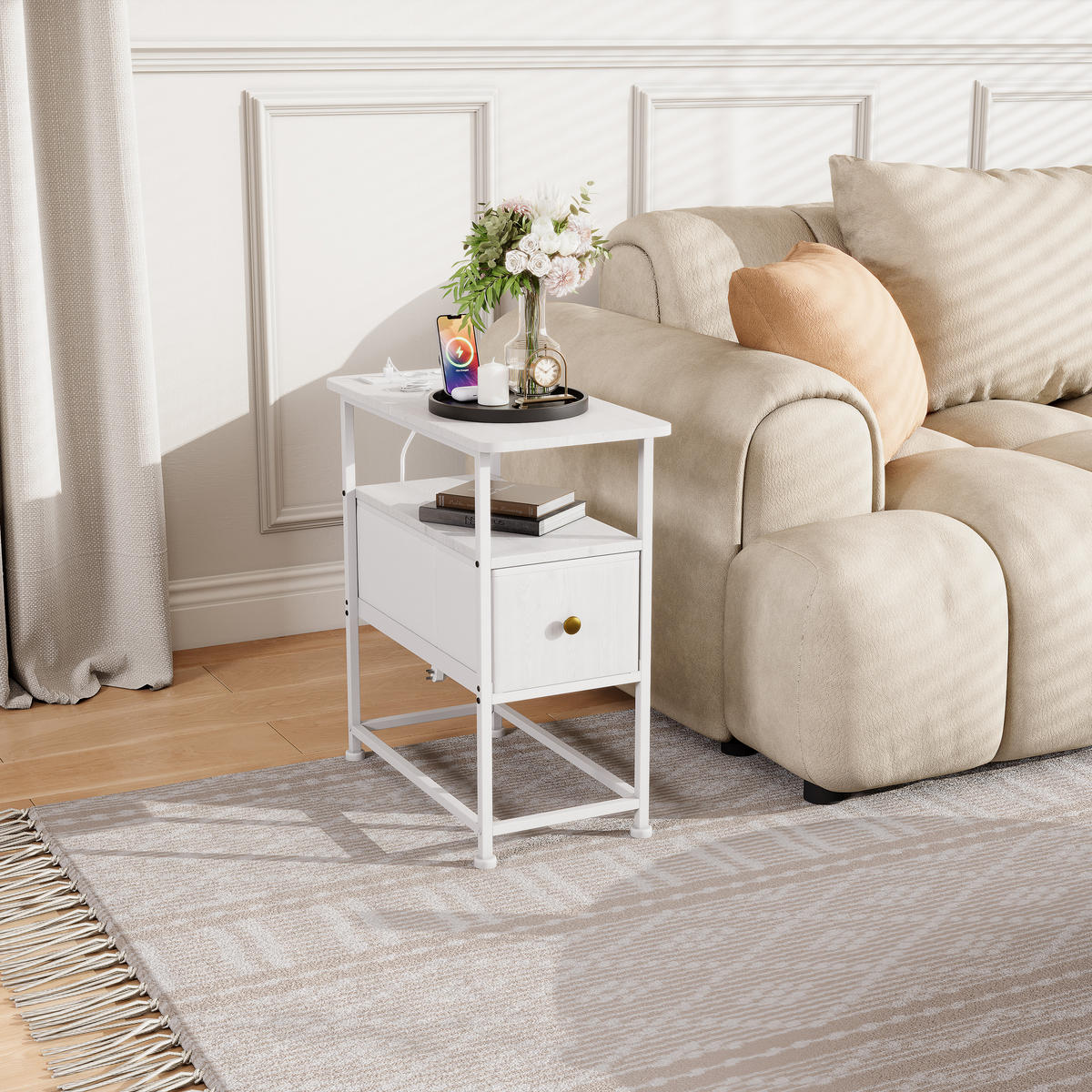 NACHTTISCH LED USB Schublade offene Fächer weiß - Weiß, Holz (60/62/30cm) - LEBENLANG