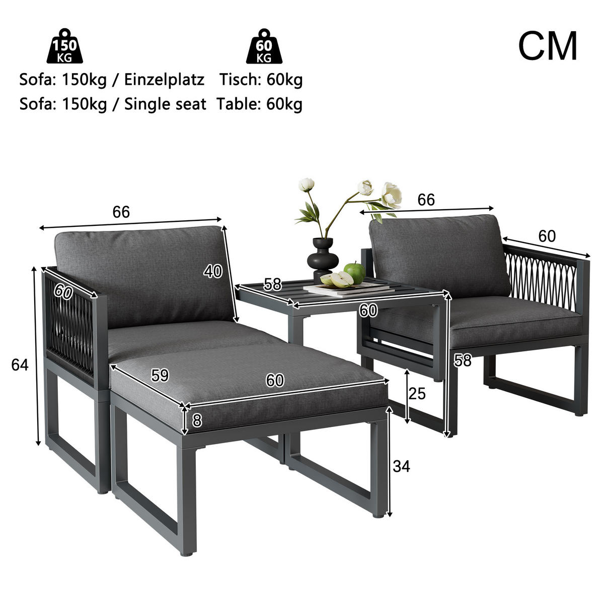 GARTENLOUNGE-SET 66/60/64 cm mit 2 Sesseln, 2 Hockern, höhenverstellbarem Tischhocker und flexiblen Kombinationen, Grau - Grau, Metall - Redom