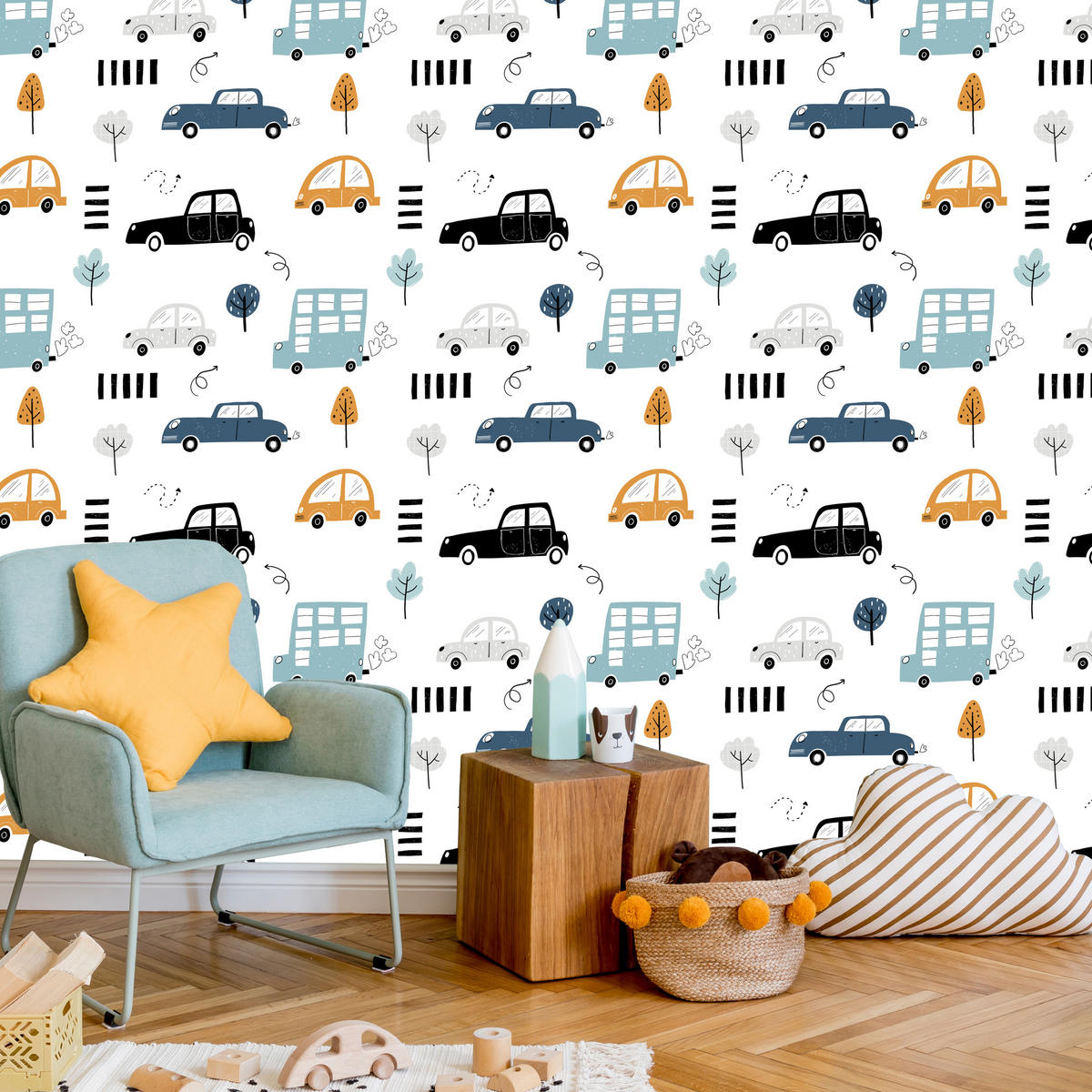 VLIESTAPETE Autos und Bäume – Blau, Gelb, Weiß – 50x1000 cm - Blau/Gelb, Papier (50/1000cm) - Muralo