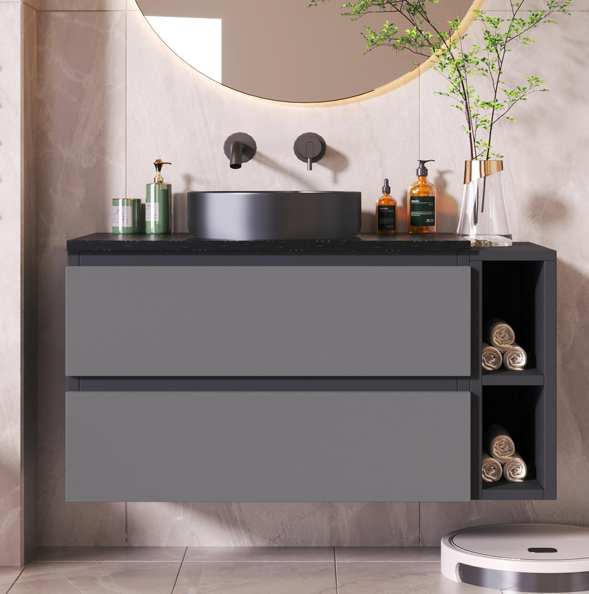 BADEZIMMERSCHRANK mit Marmorplatte 80x44x48.5 cm Schwarz mit rundem Becken & Schubladen - Schwarz, Holzwerkstoff (80/48.5/44cm) - Modfu