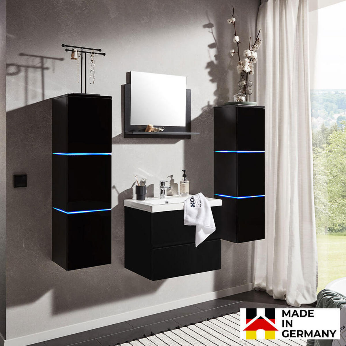 BADMÖBEL Komplettset WANGEROOGE DELUXE XL - Schwarz Made in Germany - Schwarz, Holz/Keramik (110/30/30cm) - Home Deluxe
