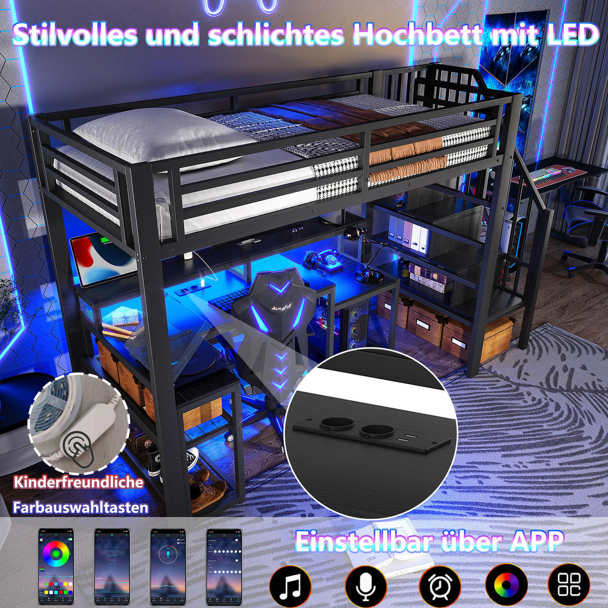 HOCHBETT 90/200 cm in Schwarz – mit Schreibtisch, Stauraumtreppe und Rausfallschutz - Schwarz, Metall (90/200cm) - BEAOK