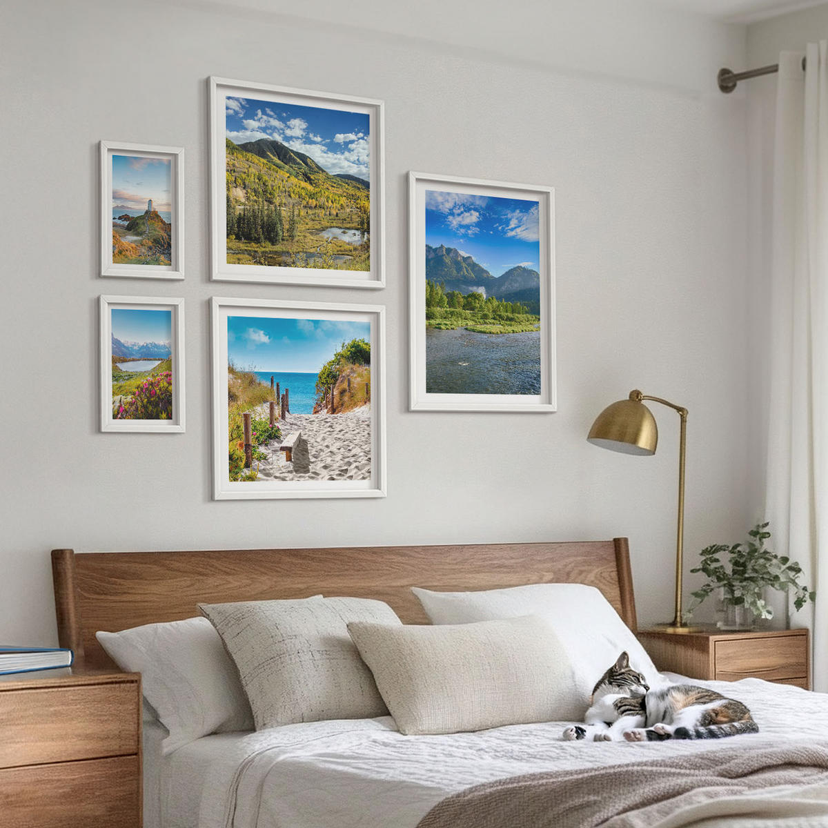 WANDBILDER 5er-Set - 50x50 cm & 20x30 cm & 40x60 cm Weißer Rahmen - See, Brücken, Berge - Weiß, Kunststoff (40/60cm) - ArtPrintCave