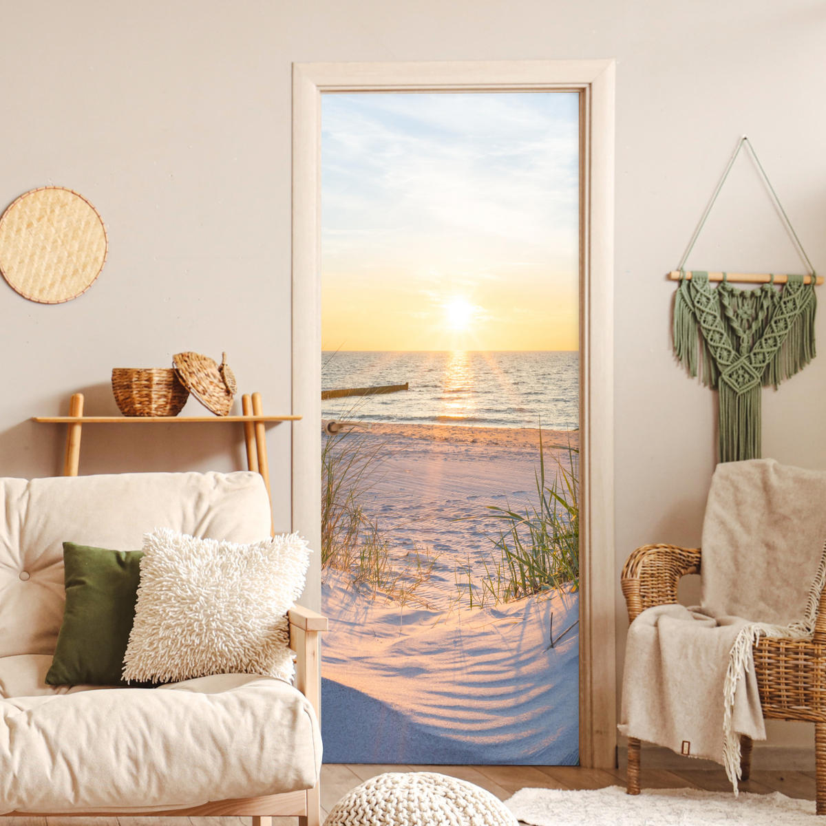 TÜRAUFKLEBER Strand - Sonne - Düne - Gras - Sand - Horizont 80x215 cm - Türtapete - Dunkelgelb, Kunststoff (80/0.1cm) - MuchoWow