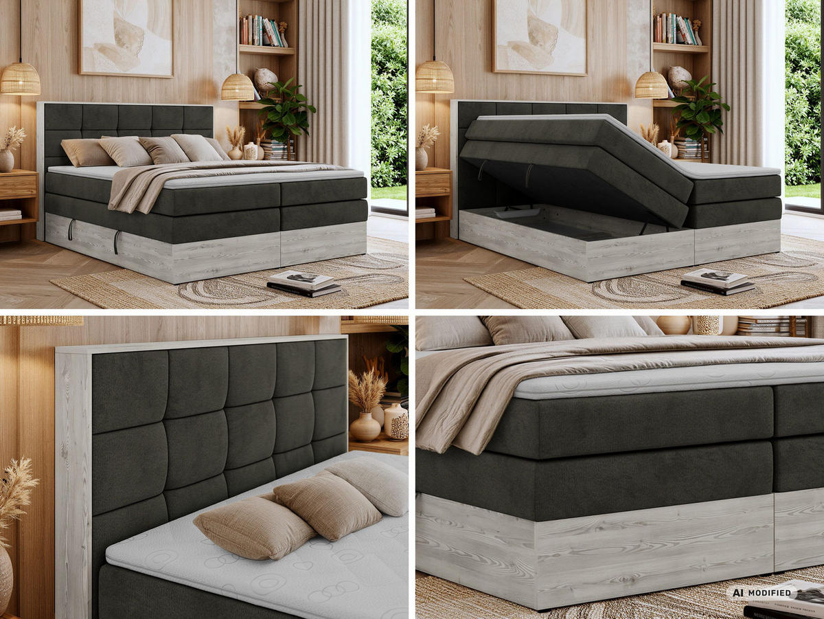 BOXSPRINGBETT ALNOR KING 200/200 - Dunkelgrau Velvet - Topper Visco - H3 - Dunkelgrau/Anthrazit, Kunststoff/Textil (200/200cm) - MKS