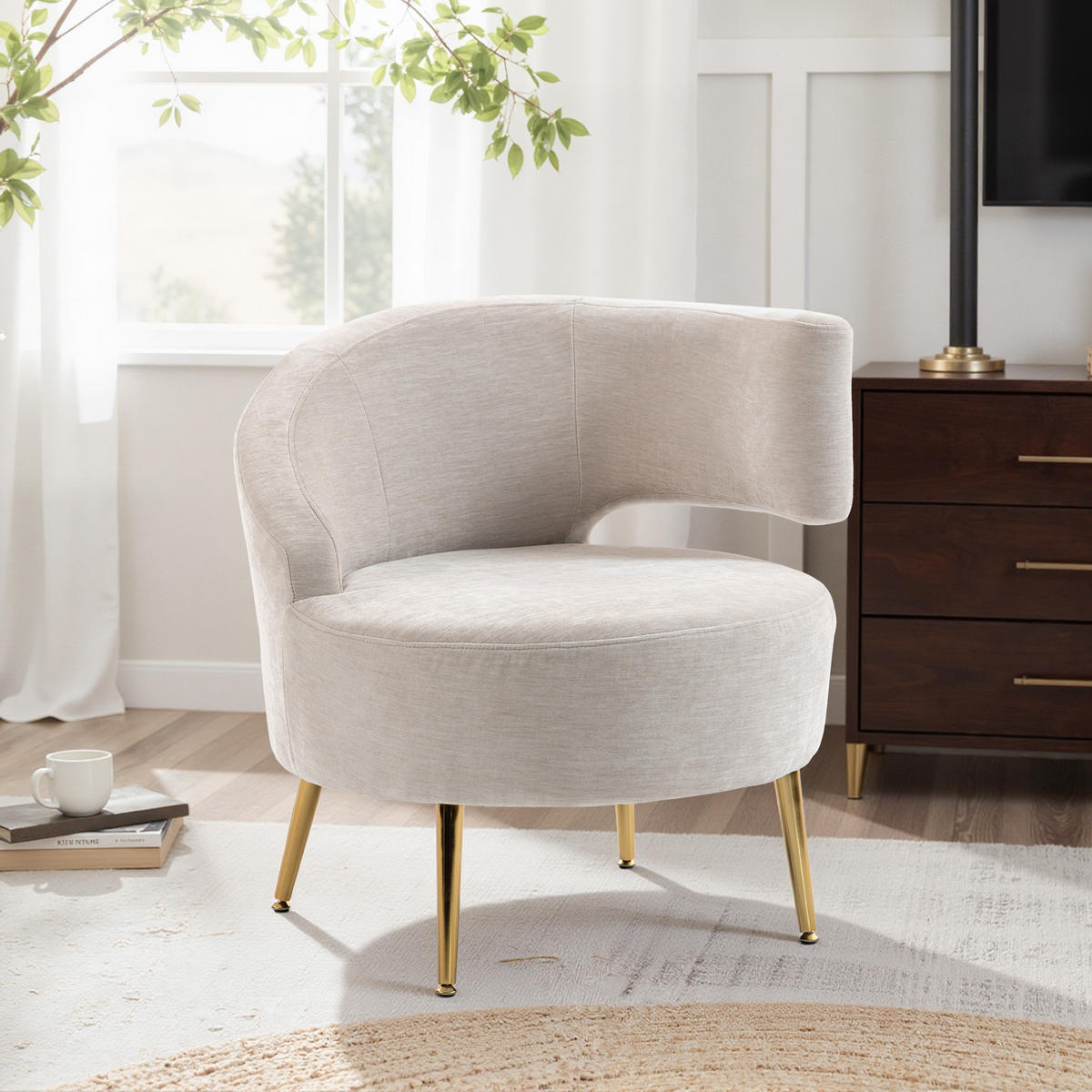 FÅTÖLJ i polyester, krämvit - Cremefärgad/Guldfärgad, Textil/Metall (65/67/69cm) - HOMCOM
