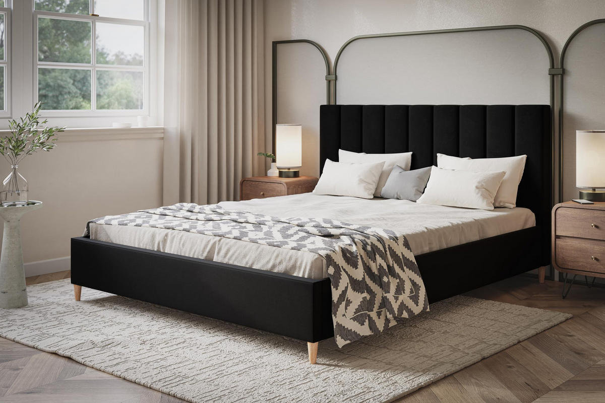 POLSTERBETT LUX Tokio mit Kopfteil, 120 x 200 cm, Doppelbett mit Lattenrost aus Holz, Velourstoff Schwarz, Füße in Farbe: Braun - Schwarz, Holz/Textil (120/200cm) - Alpi-Möbel