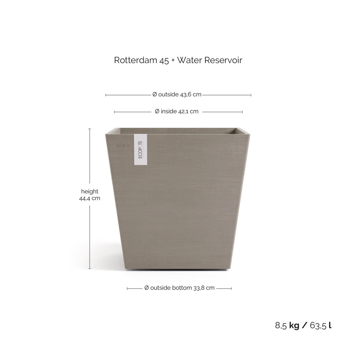 BLUMENTOPF mit Wasserreservoir Rotterdam 43,6/43,6/44,4 cm Taupe - Taupe, Kunststoff (43.6/44.4cm) - Ecopots