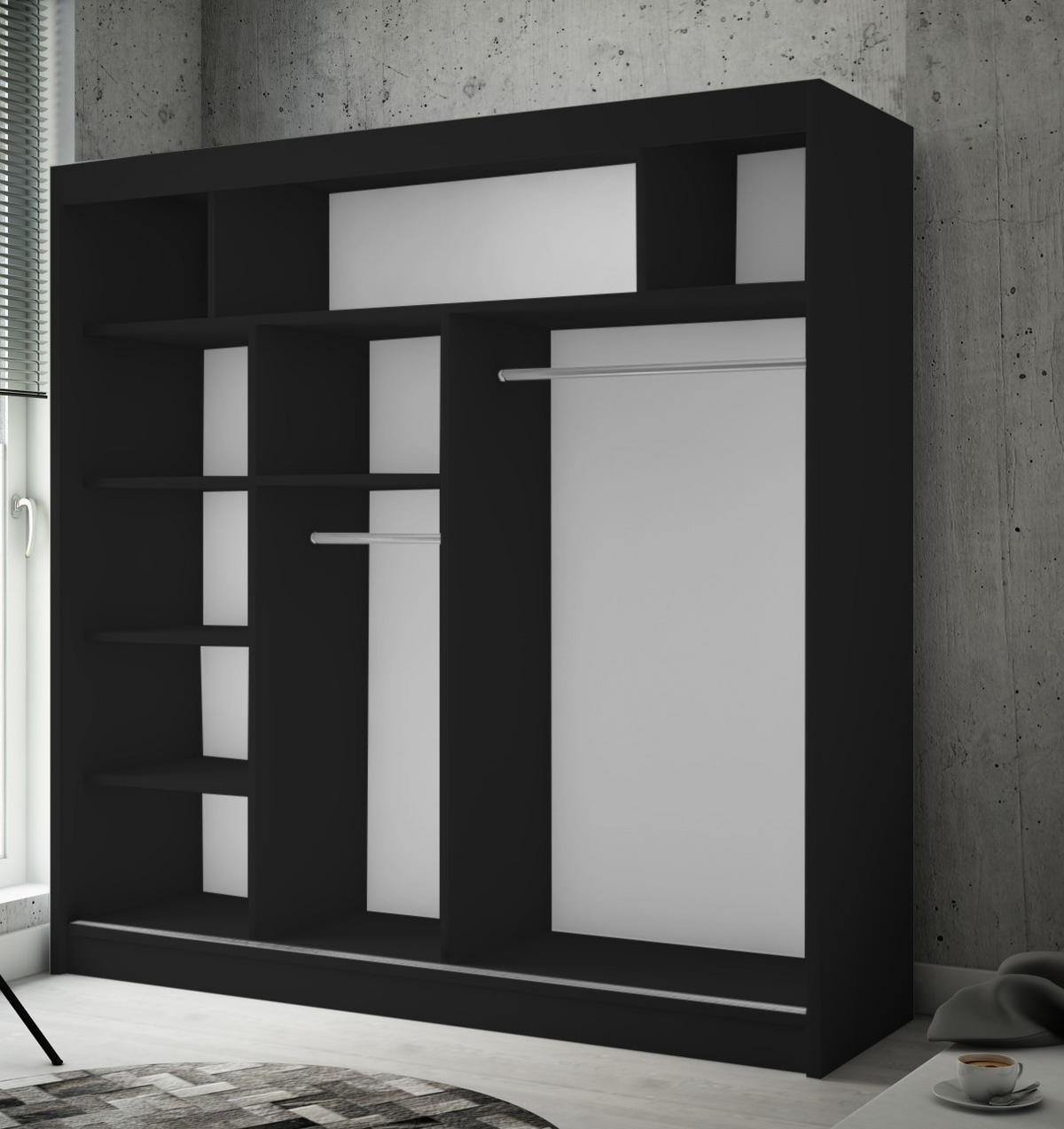 SCHWEBETÜRENSCHRANK Venus 200 cm mit Spiegel 2-türig, schwarz, lacobel schwarz - Schwarz, Kunststoff (200/215/61cm) - Margaret Hadas24