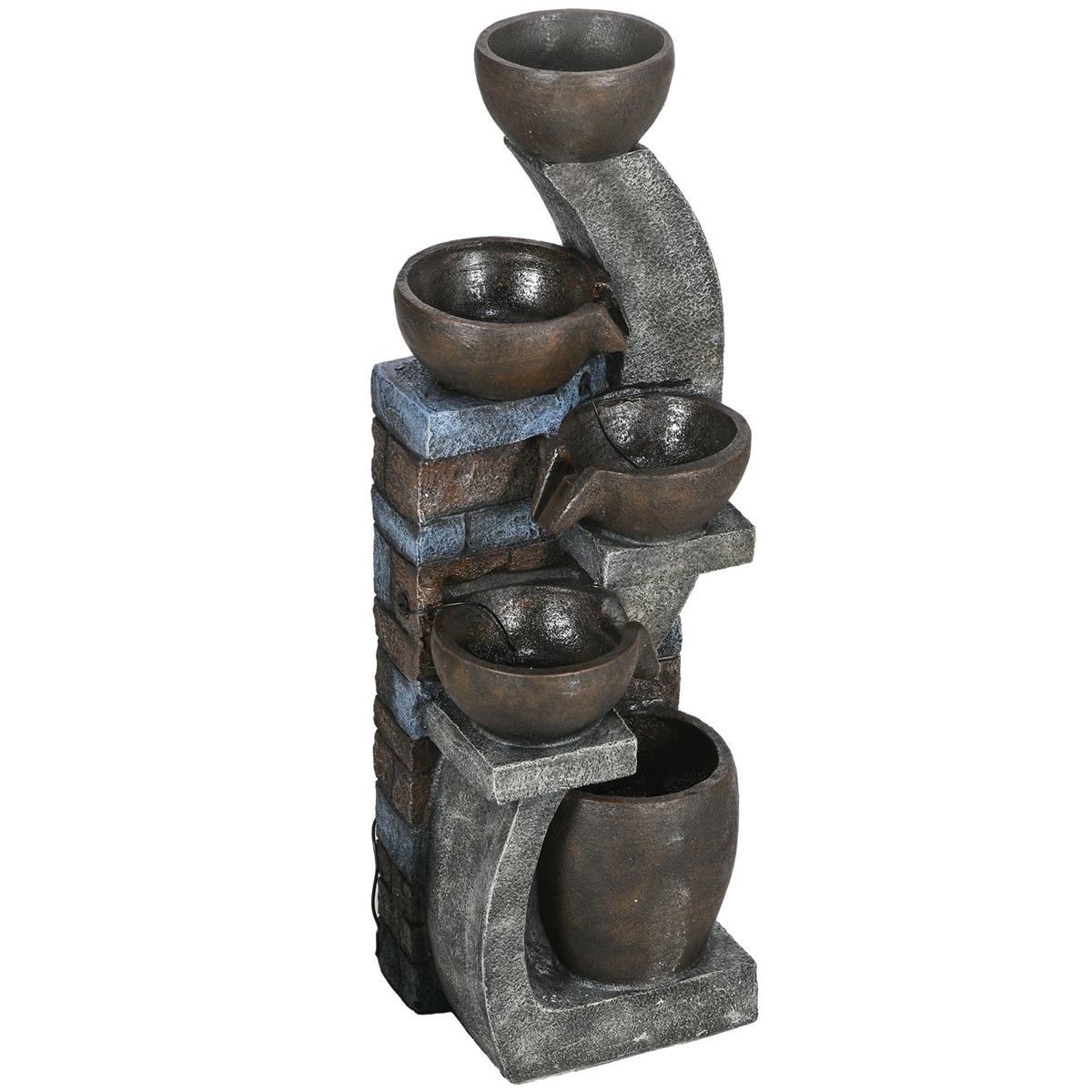GARTENBRUNNEN, Backsteinoptik, 5-stufig, solarbetrieben, LED, 107 cm, Kunstharz, grau/braun - Braun, Kunststoff (35/37cm)