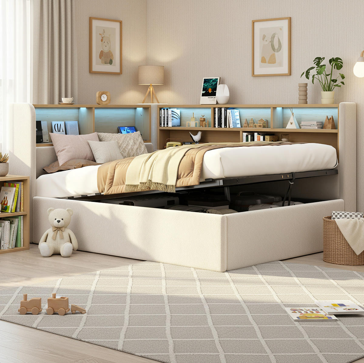 POLSTERBETT aus Samt Beige mit hydraulischem Stauraum, LED-Beleuchtung und USB-C-Anschluss - Beige, Textil (90/200cm) - IVMEU
