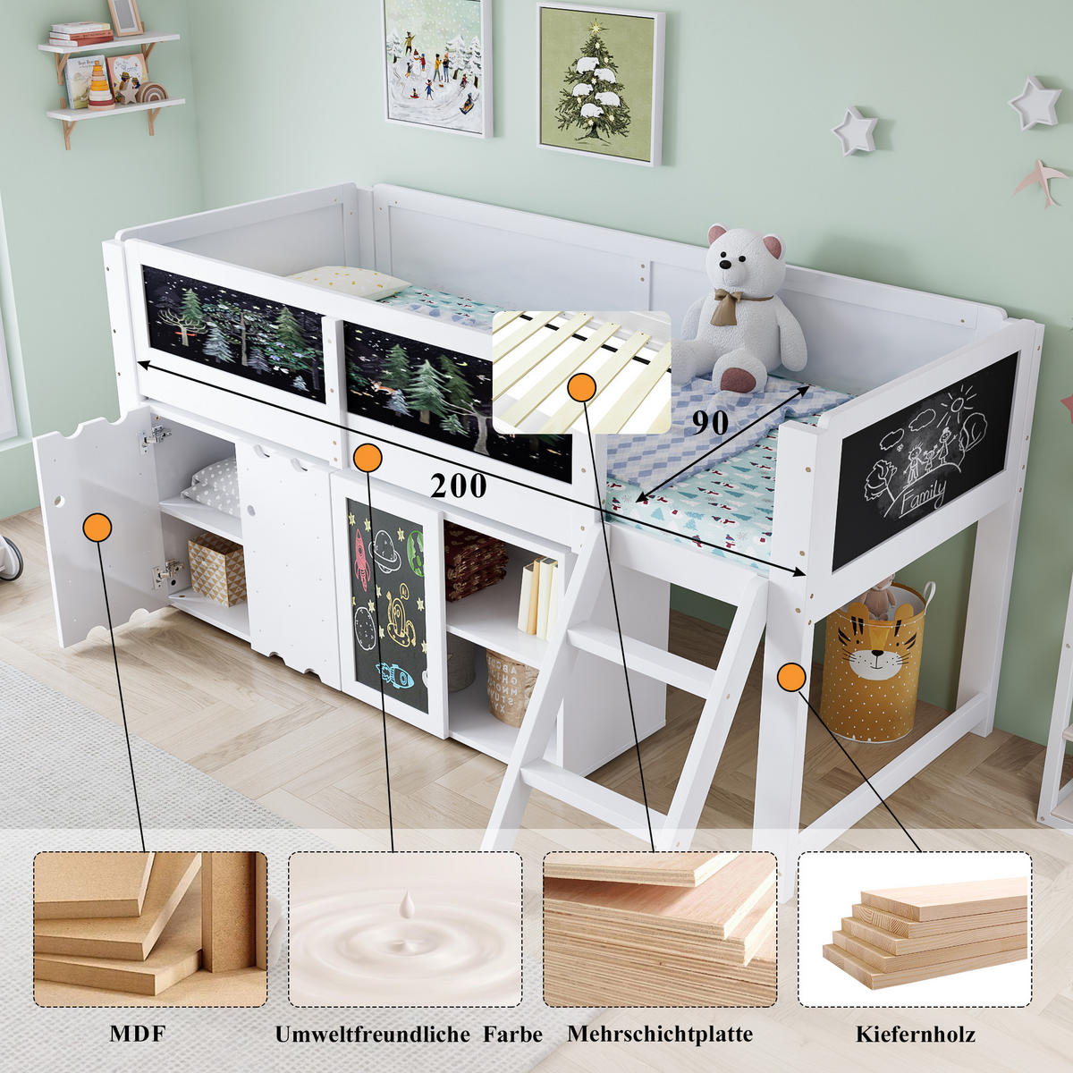 HOCHBETT 90x200 cm Schrank Tafel weiß - Weiß, Holz (90/200cm) - LEBENLANG