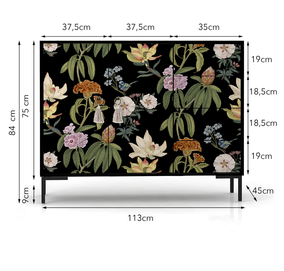 KOMMODE 2 Türen und 4 Schubladen MDF schwarzem Blumendruck WILMA JARA - Multicolor/Schwarz, Holzwerkstoff (45/84/113cm) - RNT By Really Nice Things