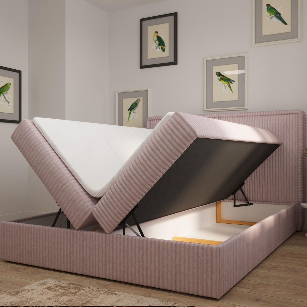 BOXBETT 04 180 x 200 cm - Ambience – Modernes Polsterbett mit Bettkasten, Topper und gepolstertem Kopfteil, Stoffbezug, Stauraumbett - Rosa, Holz (180/200cm) - ROYAL24_MARKT
